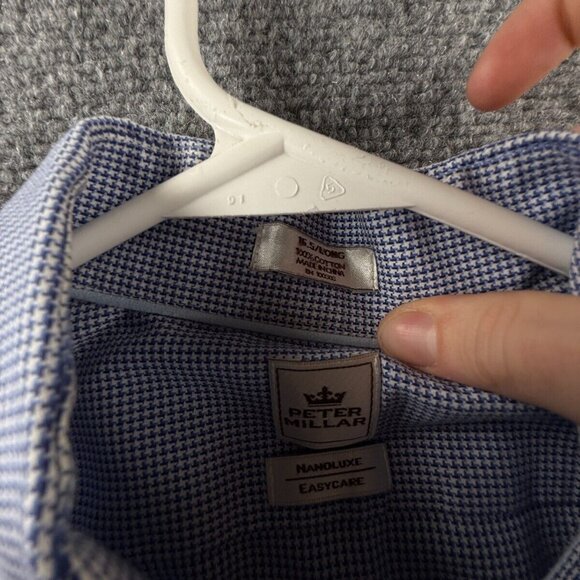 Peter Millar 16.5 Tall Blue Houndstooth Nanoluxe Easy Care Button Up Cotton - Picture 9 of 16